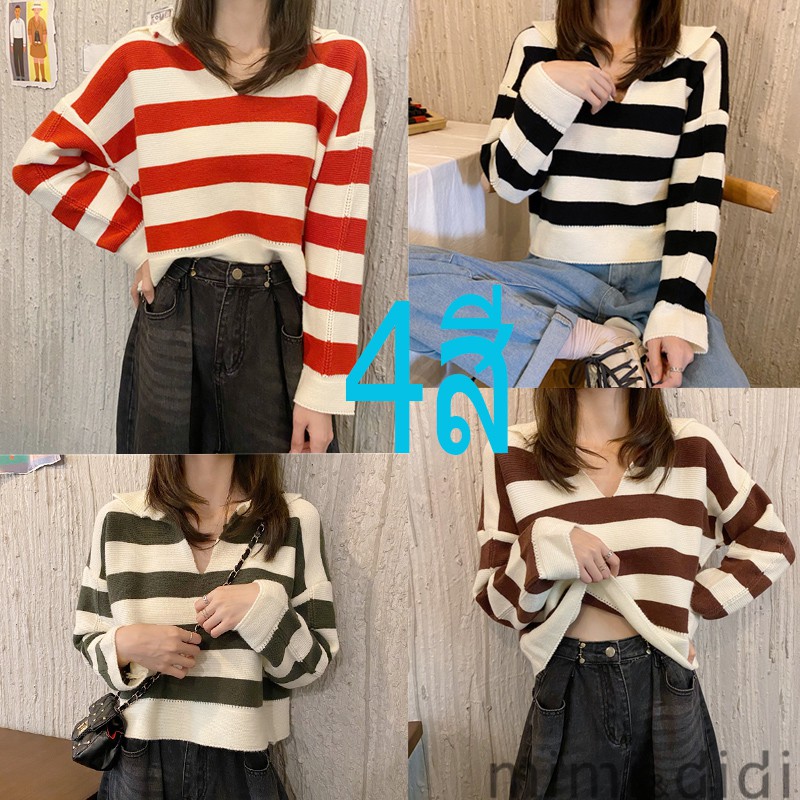 mimi&didi เสื้อครอปสั้น เสื้อแขนยาวลายทาง คอแหวกลึก มีปกคอ ตัวเสื้อไม่ยาว 5958