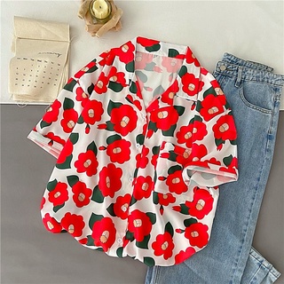 🌼เสื้อเชิ้ต เสื้อเชิ้ตผู้หญิง นพิมพ์ลายดอกไม้ทรงหลวม ใส่สบาย ไม่ร้อน สาวอวบใส่ได้ เสื้อเชิ้ตคอปกสีพื้นสไตล์มินิมอล