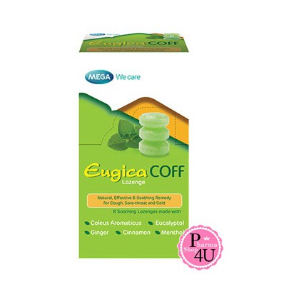 Mega wecare Eugica Coff (ยกกล่อง) ยูจิกา ยาอมแก้ไอ กล่องละ15 ซอง ซองละ 8 เม็ด