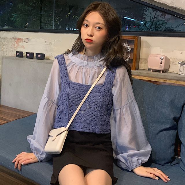 🌸KAPAN🌸 เสื้อเซ็ท2ชิ้น เสื้อแขนยาว+เสื้อแขนกุดknitting มี3สี ฟ้า,เขียว,แอปริคอท ฟรีไซส์ KP105