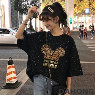 Dahong 💖 2061 เสื้อยืด oversize เสื้อผ้าสาวอวบ เสื้อผ้าแฟชั่นโอเวอร์ไซส์ แขนสั้นเสื้อยืดวินเทจ เสื้อสกรีนลายมิกกี้