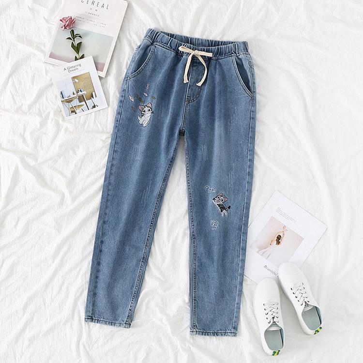 【มีไซส์ใหญ่】Plus Size XL-5XL Women Jeans Cute Cat Embroidery Long Trousers