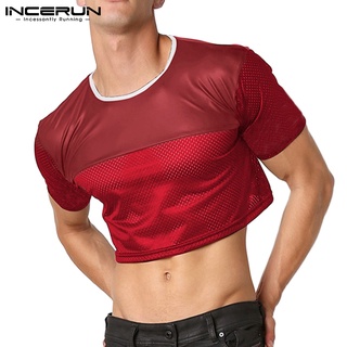 Incerun เสื้อครอปท็อป คอกลม แขนสั้น ผ้าตาข่าย หนัง ระบายอากาศ สําหรับผู้ชาย