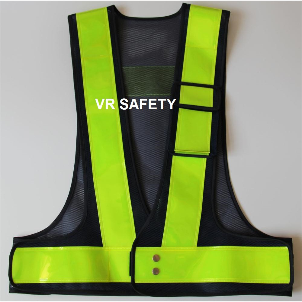 เสื้อสะท้อนแสงตาข่ายดำ แถบสะท้อนแสงสีเขียว 3 นิ้ว R-11