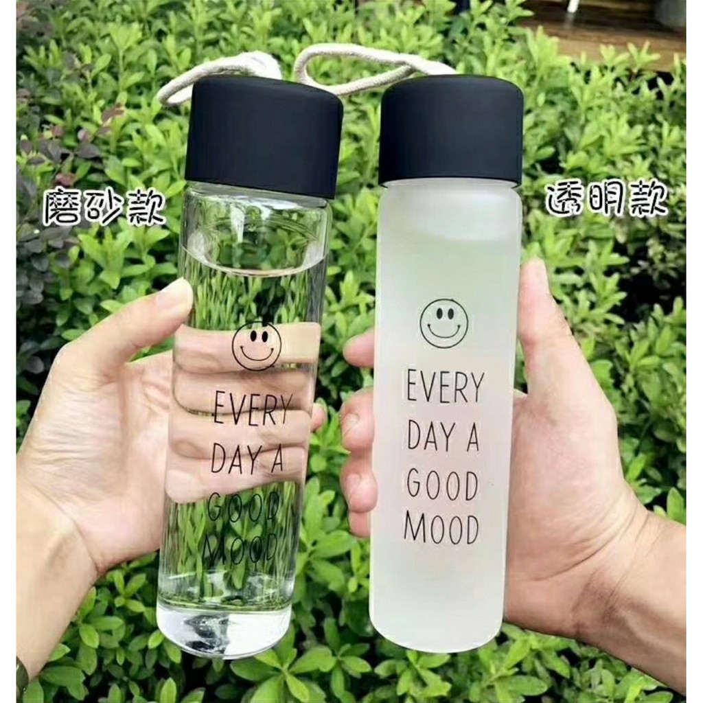 HAPPY DAY (แบบขวดแก้ว350มล. มีเชือก) ขวดใส่น้ำ กระบอกน้ำ ขวดน้ำพกพา แถมทิชชู่คุมะ