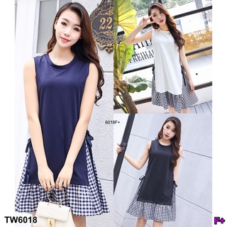 👗Pfashion [ส่งไว!!🚛] P6018 เดรสสั้นแขนกุดตัดต่อลายสก็อตผูกโบว์ด้านข้าง  Short sleeveless dress with scalloped