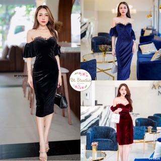 พร้อมส่ง😍 เดรสกำมะหยี่ปาดไหล่ อกแต่งลูกไม้🥰 bt 04-0826