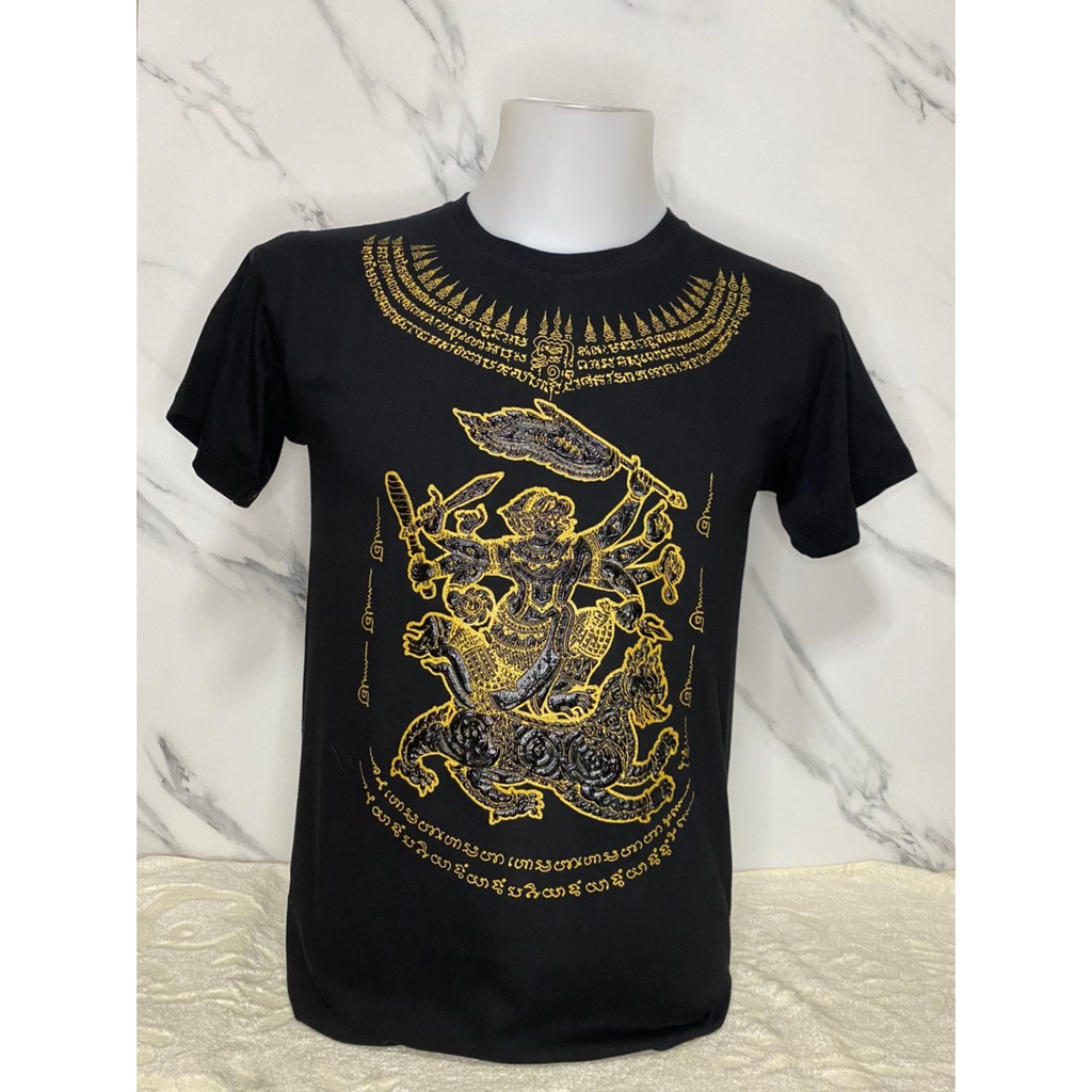เสื้อยืด ลายยันต์ หนุมานเชิญธงสังวาล สีดำ ลายไทย ลายยักษ์ หนุมาน ผ้าcotton com32อย่างดี สกรีนหน้าหลัง ราคาถูก