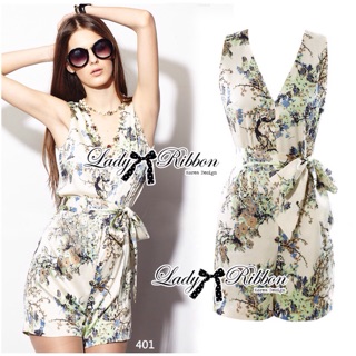 🎀 Lady Ribbons Made 🎀 Lady Spring Floral Graphic Painting Jumpsuit จัมป์สูทขาสั้นพิมพ์ลายดอกไม้กร