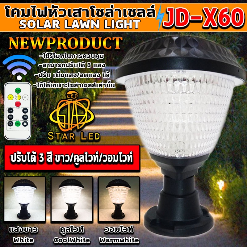 โคมไฟหัวเสาทรงสามเหลี่ยม รุ่นJD-X60ใช้พลังงานแสงอาทิตย์ ไฟLED Solar Cell 3w3สี ขาว คูลไวท์ วอร์มไวท์