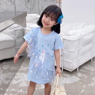 เด็กสาวฤดูร้อนเจ้าหญิงพิมพ์เอลซาชุดลูกไม้เกาหลีแขนสั้นเด็กแฟชั่นเสื้อยืดชุด
