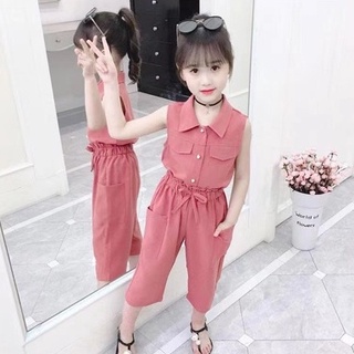 ชุดสูทเด็กผู้หญิงสไตล์เครื่องมือสองชิ้นเสื้อชีฟองสีทึบและกางเกงเสื้อผ้าเด็กผู้หญิงอายุ 3-13 ปี