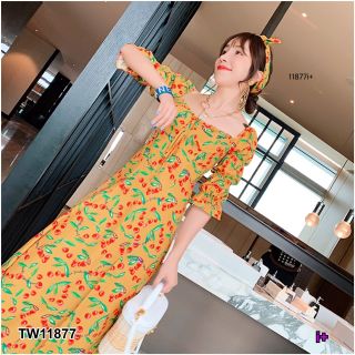 TW11877  Maxi Dress แม็กซี่เดรสคอกว้าง ผ้าไหมอิตาลี่ พิมพ์ลายเชอร์รี่