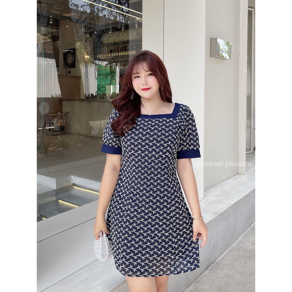 PMSWEET PLUSSIZE : PMP0633 : พร้อมส่ง เสื้อผ้าไซส์ใหญ่ คนอ้วน สาวอวบ ชุดเดรสสั้นสีน้ำเงิน ชุดเดรสคอเ