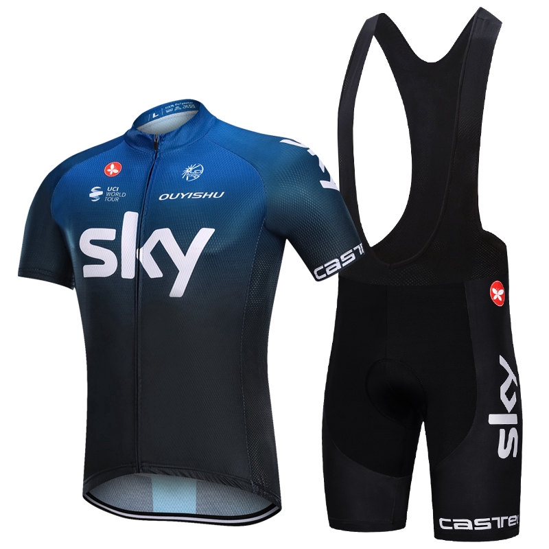 Sky Team เสื้อจักรยานพิเศษ Breathable เสื้อเจอร์ซีย์นักปั่นแห้งเร็วกางเกงจักรยานเบาะสีน้ําเงิน