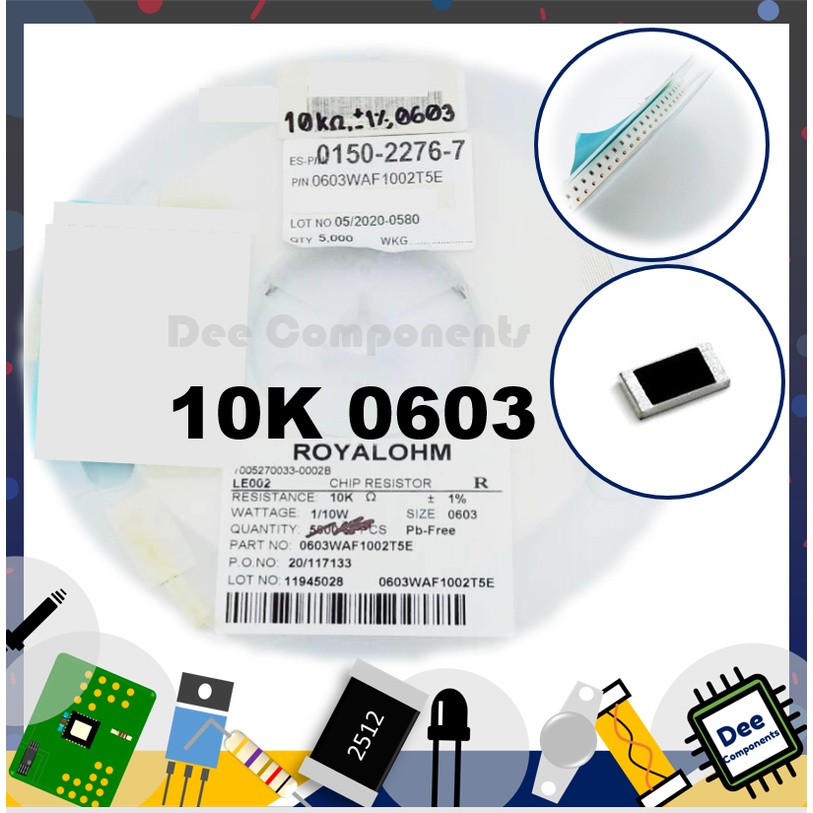 10K Ohm 0603 ±1% 100mW -55C-155C 0603WAF1002T5E ROYAL OHM  1-A2-27 (ขายยกแพ็ค 1 แพ็ค มี 100 ชิ้น)