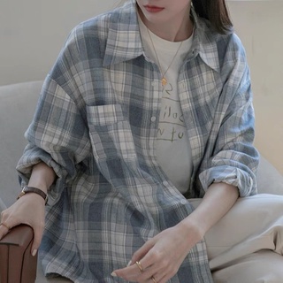 STH2865 เสื้อลายสก็อต  เสื้อแขนยาว สไตล์เกาหลี ทรงหลวม เสื้อคลุมแฟชั่น Color.Blue,Black freesize