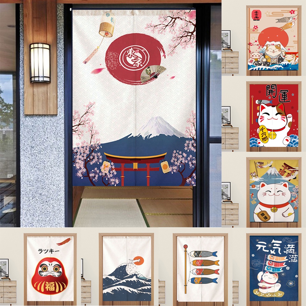 ญี่ปุ่น Doorway ผ้าม่านสําหรับห้องครัว Izakaya Cafe ตกแต่งบ้าน Fengshui แขวนครึ่งผ้าม่าน Lucky Cat สีสันผ้าม่านประตู Noren