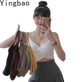 Yingbao เสื้อครอปท็อป พร้อมแผ่นรองหน้าอก สไตล์เกาหลี แฟชั่นฤดูร้อน สําหรับผู้หญิง