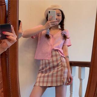 2020 new purple BM skirt high waist blue plaid skirt showing thin spring and autumn A-line skirt short skirt