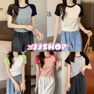 JJ shop 💜พร้อมส่ง เสื้อไหมพรมแขนสั้น คอกลมดีเทลสีทูโทนน่ารักๆ "58067-2"