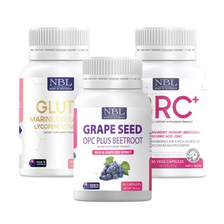 [ชุดโปรโมชั่น 3] NBL Gluta Marine Collagen + NBL BRC+ Vege Capsules + NBL Grape Seed OPC Plus Beetroot (30 Capsules)