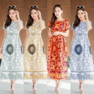 TW5615  Maxi Dress แม็กซี่เดรสยาวผ้าโรนัลโด้พิมพ์ลาย