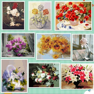 40*50 cm  DIY ภาพวาดสีน้ำมัน ภาพระบายสีตามตัวเลข Oil Painting Paint By Numbers on Canvas flower on table H