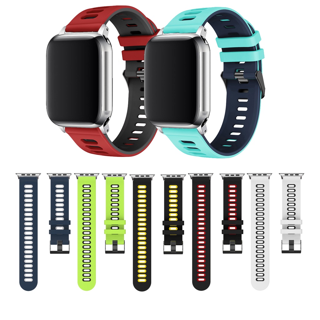 สายนาฬิกาข้อมือ ซิลิโคนนิ่ม ระบายอากาศ สองสี สําหรับ Apple Watch Ultra 2 49 มม. IWatch Series 9 8 7 SE 6 5 4 3 2 1 45 มม. 41 มม. 44 มม. 40 มม. 42 มม. 38 มม. Ultra2