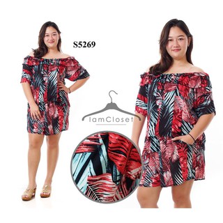 S5269 เสื้อผ้าคนอ้วน : รอบอก 46 นิ้ว Set เสื้อเปิดไหล่ + กางเกงขาสั้นลายใบไม้สีแดง ชุดเซทคนอ้วน