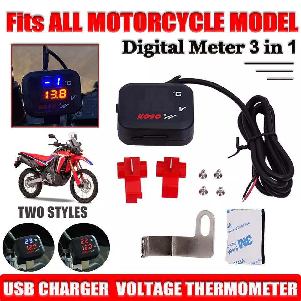 Digital Meter Monitor 3 in 1 Motorcycle LED Voltage Thermometer Dual Display Meter USB Charger Moto Voltmeter Temperataa