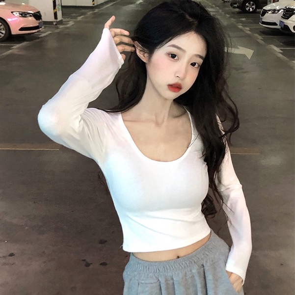 【WJZ】เสื้อยืดแขนยาวคอวีสีพื้นสไตล์เกาหลีสำหรับผู้หญิง【6856】