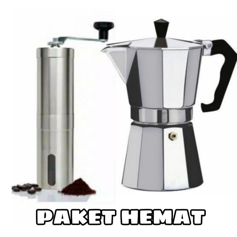 COFFEE GRINDER PACKAGE + MOKA POT 3 1 CUP (MANUAL COFFEE BREWING TOOL) moka COFFEE pot 150ml moka CO
