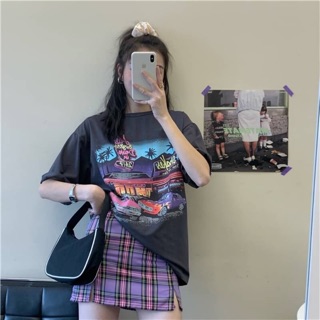 🚀 Apollo 90s tee + purple skirt  เสื้อยืดสีเทา เนื้อผ้าฝ้าย และกระโปรง ลายสก็อตสีม่วง เนื้อผ้าโพลีเอสเตอร์ 🌈