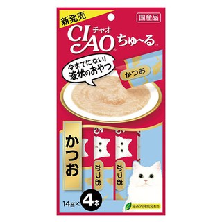 ✨ขายดี✨ เชา ชูหรุ ขนมแมวเลีย รสปลาคัตซึโอะ 14 กรัม แพ็ค 4 ซอง CIAO Churu Liquid Cat Snack Skipjack 14 G. Pack of 4