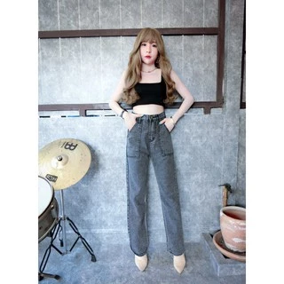 Cc jeans 019 S-5XL กางเกงยีนส์ผู้หญิง ทรงกระบอก เอวสูง แต่งกระเป๋าข้าง กางเกงผู้หญิง