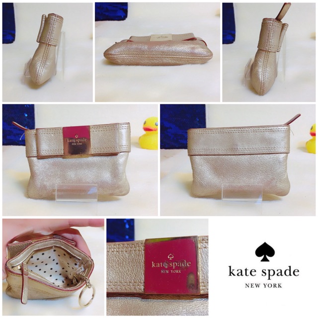 👝: KATE SPADE Pouch with Keychain Brushed Gold Leather Wristlet แท้💯%