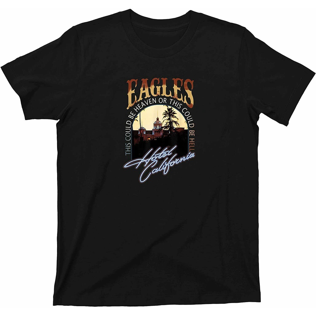 เสื้อยืด พิมพ์ลายวงร็อค Eagles Band Hotel California สไตล์คลาสสิก สีดํา สําหรับผู้ชาย และผู้หญิง