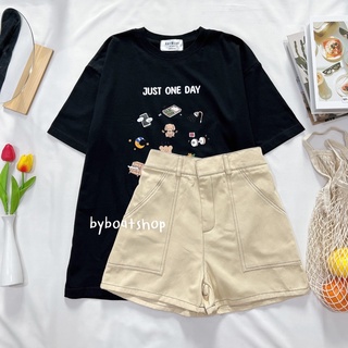 พร้อมส่ง เสื้อยืดoversize ลาย just one day (ดำ) + กางเกงขาสั้นทรงลุง รุ่นแต่งตะเข็บ (สีครีม)