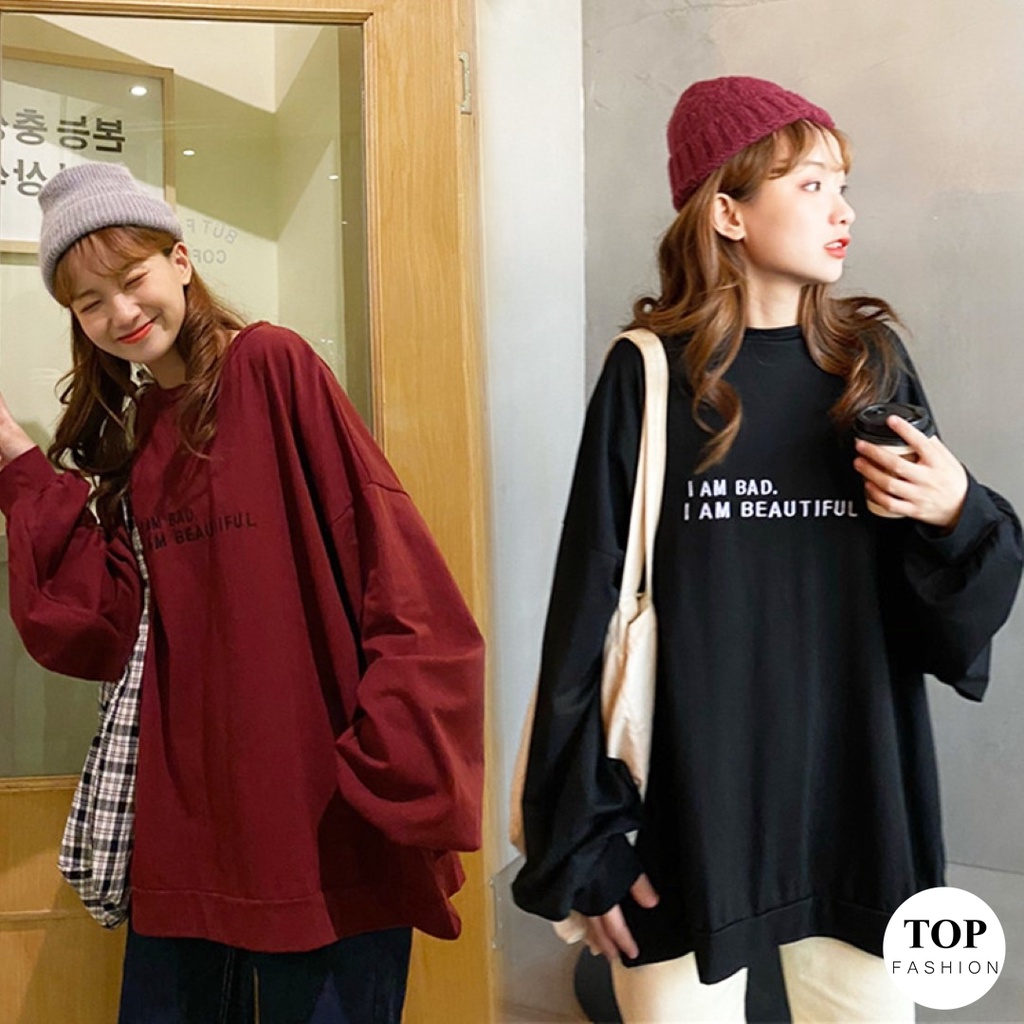 พร้อมส่งไทย ราคาถูก เสื้อยืดแขนยาวจั๊ม ทรงโอเวอร์ไซส์ ผ้าคอตตอน สกรีนลาย I AM BAD มี 2 สี แฟชั่น
