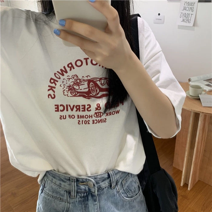 เสื้อยืดไซส์ใหญ่คอกรมผู้หญิง oversize แขนสั้นสไตล์เกาหลี เสื้อผ้าแฟชั่นวัยรุ่นน่ารัก เสื้อโอเวอร์ไซส์สกรีนลายวินเทจ xxl thumbnail 8