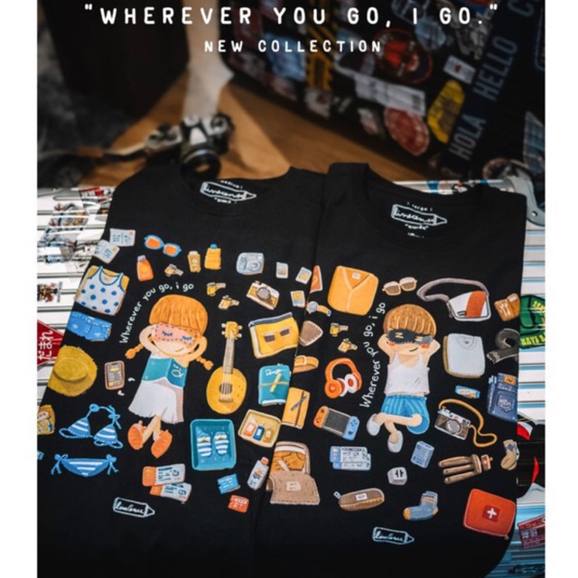 Black T-shirt " Wherever you go, I go " เสื้อยืดคุณภาพสีดำ ลายกระเป๋าเดินทาง ไปไหนไปกัน Premium cott