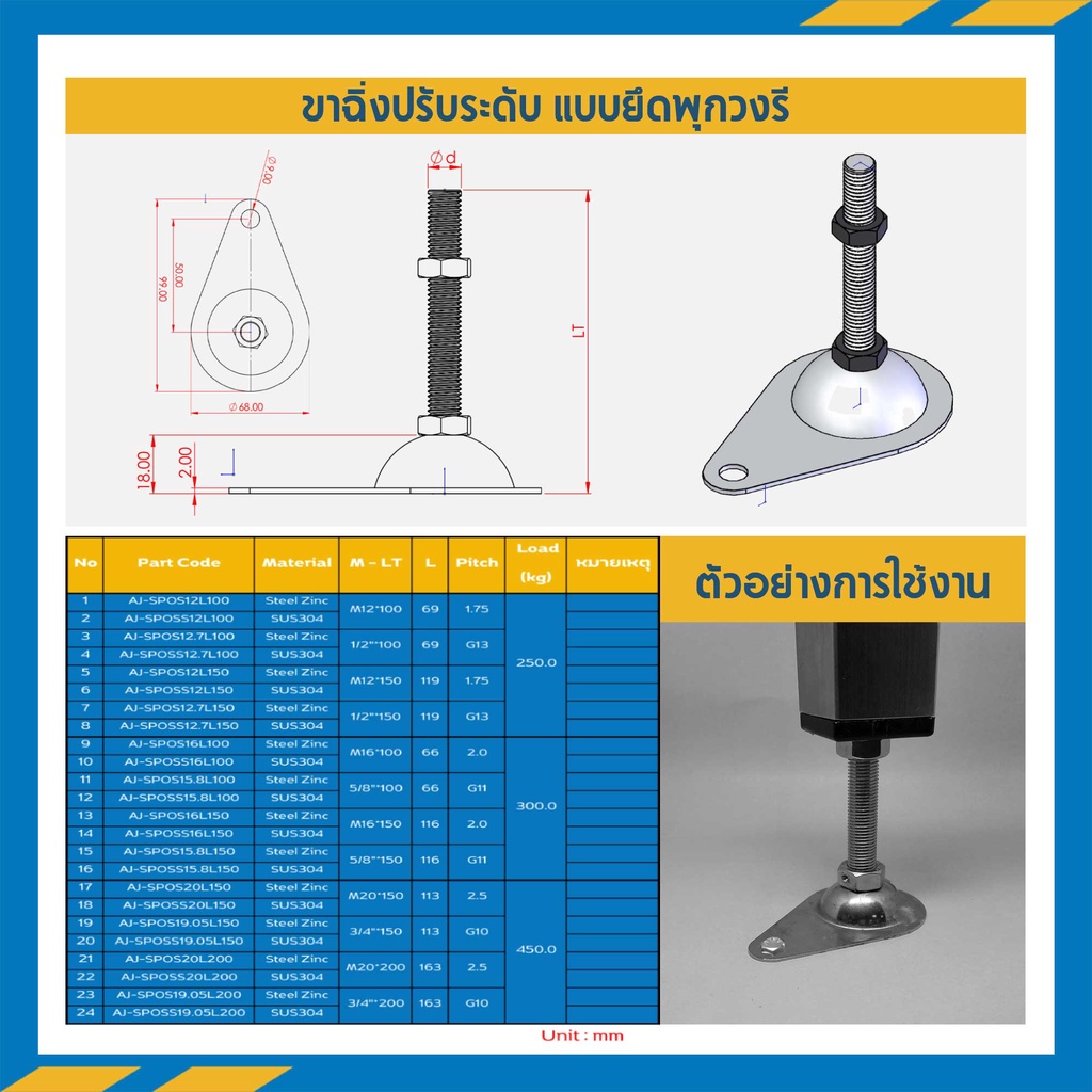 ขาฉิ่งปรับระดับ แบบมีรูยึดพุกวงรี