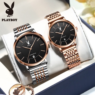 Playboy นาฬิกาคู่รัก กันน้ำ นาฬิกาสายเหล็กแท้-นาฬิกาสำหรับบุรุษและสตรี นาฬิกาไฮเอนด์-แสดงปฏิทิน ทนต่อการขีดข่วน