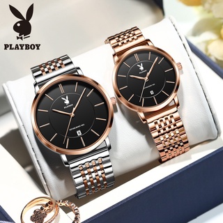 PLAYBOY นาฬิกาคู่รัก กันน้ำ นาฬิกาสายเหล็กแท้-นาฬิกาสำหรับบุรุษและสตรี นาฬิกาไฮเอนด์-แสดงปฏิทิน ทนต่อการขีดข่วน