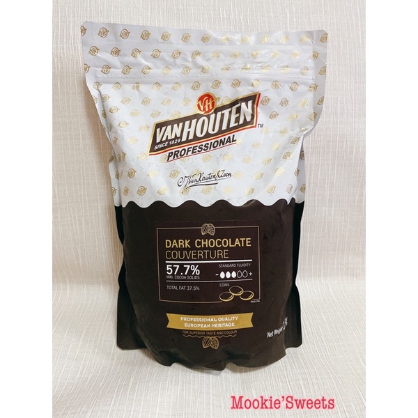 ❗️ล็อตใหม่ ❗️ดาร์กช็อกโกแลตแท้ 57.7% Van Houten Dark Chocolate couverture 57.7%แพ็ค 1.5 kg.