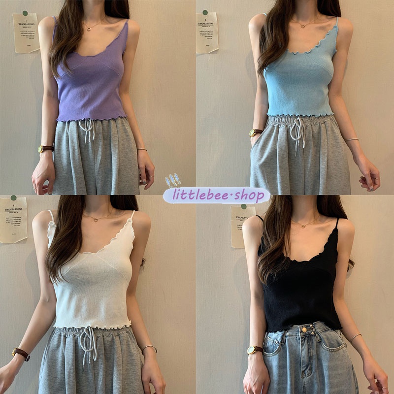 littlebee23122 สายเดี่ยวไหมพรมถัก สายเดี่ยวคอวี คอV สายเดี่ยวเซ็กซี่ เสื้อกล้ามเข้ารูปผ้าไหมพรมแต่งขอบหยักระบาย