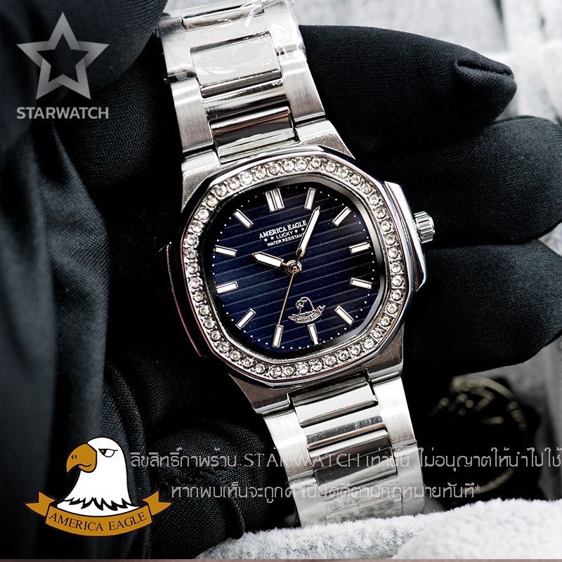 ✳✲AMERICA EAGLE นาฬิกาข้อมือผู้หญิง สายสแตนเลส รุ่น AE8014Lเพชร – SILVER/NAVYBLUE