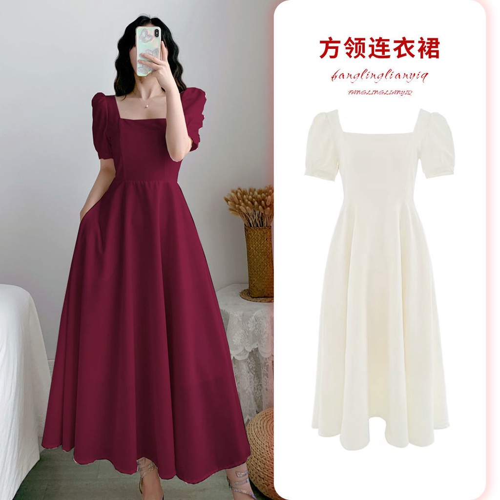 สีขาว Hepburn Light Mature สไตล์ชุดหญิงพัฟแขนกระโปรงสีขาวสแควร์คอเอวแคบ Slimmer ดู Classy Over-the-Knee