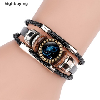 [highbuying] สร้อยข้อมือหนังถัก จี้รูปราศีสิงห์ ราศีกันย์ สีดํา สไตล์พังก์ สําหรับผู้ชาย 12 กลุ่มดาว